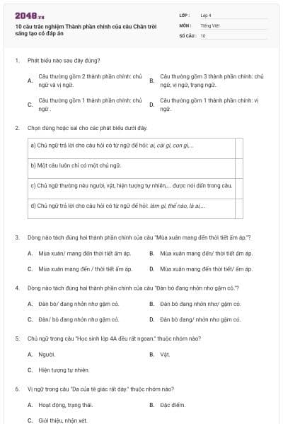 10 câu trắc nghiệm Thành phần chính của câu Chân trời sáng tạo có đáp án