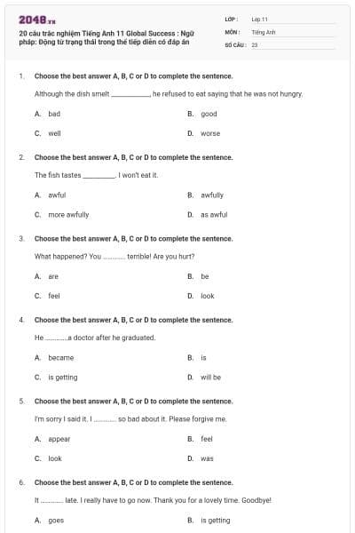 20 câu trắc nghiệm Tiếng Anh 11 Global Success : Ngữ pháp: Động từ trạng thái trong thể tiếp diễn có đáp án