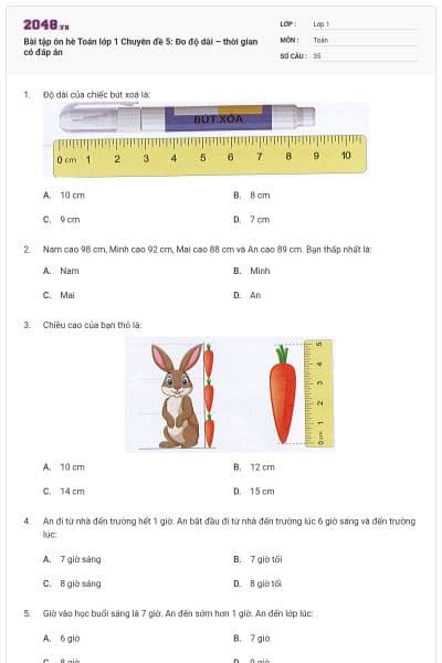 Bài tập ôn hè Toán lớp 1 Chuyên đề 5: Đo độ dài – thời gian có đáp án