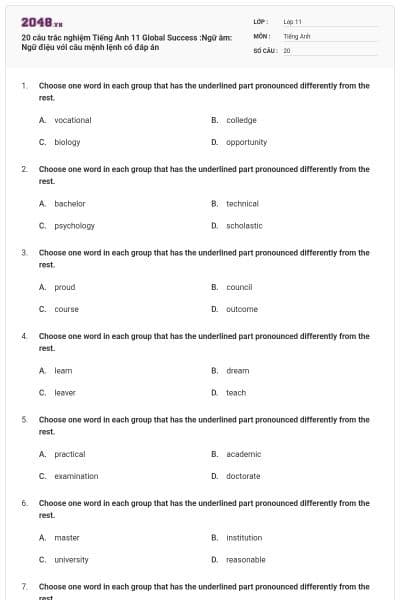 20 câu trắc nghiệm Tiếng Anh 11 Global Success :Ngữ âm: Ngữ điệu với câu mệnh lệnh có đáp án