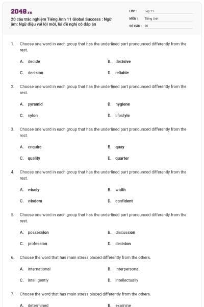 20 câu trắc nghiệm Tiếng Anh 11 Global Success : Ngữ âm: Ngữ điệu với lời mời, lời đề nghị có đáp án