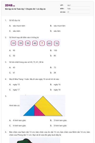 Bài tập ôn hè Toán lớp 1 Chuyên đề 1 có đáp án