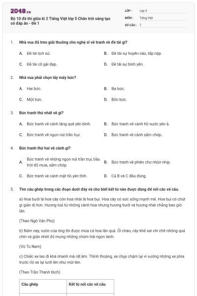 Bộ 10 đề thi giữa kì 2 Tiếng Việt lớp 5 Chân trời sáng tạo có đáp án - Đề 1