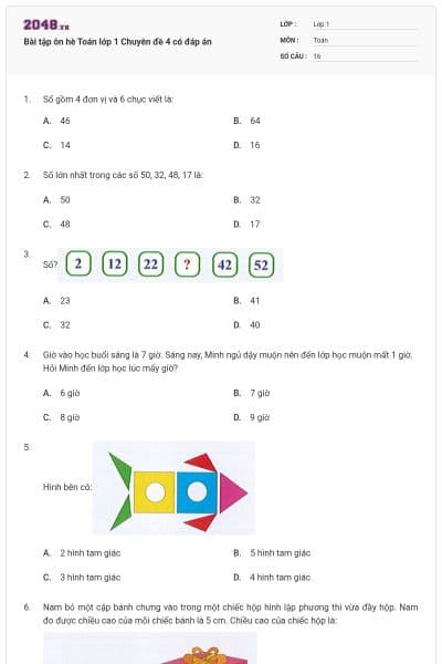 Bài tập ôn hè Toán lớp 1 Chuyên đề 4 có đáp án