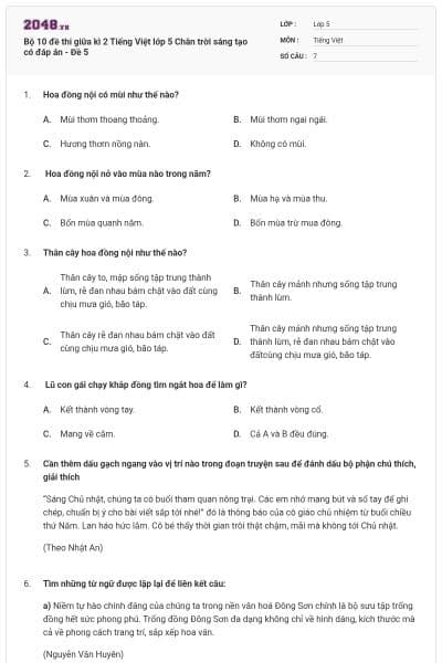 Bộ 10 đề thi giữa kì 2 Tiếng Việt lớp 5 Chân trời sáng tạo có đáp án - Đề 5