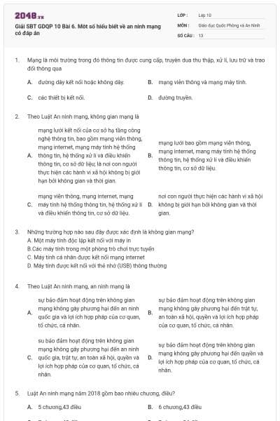 Giải SBT GDQP 10 Bài 6. Môt số hiểu biết về an ninh mạng có đáp án