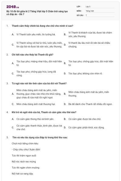 Bộ 10 đề thi giữa kì 2 Tiếng Việt lớp 5 Chân trời sáng tạo có đáp án - Đề 7