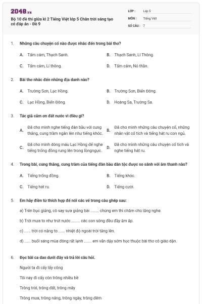 Bộ 10 đề thi giữa kì 2 Tiếng Việt lớp 5 Chân trời sáng tạo có đáp án - Đề 9