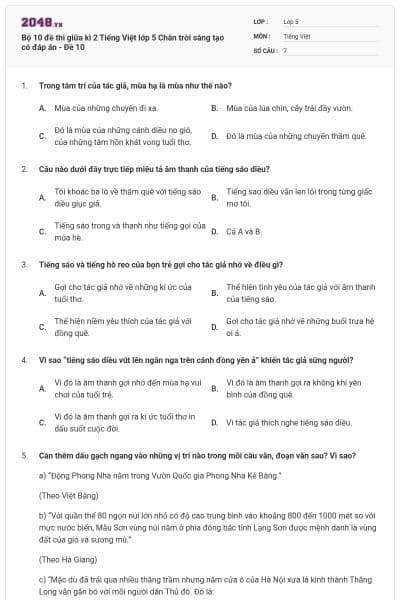 Bộ 10 đề thi giữa kì 2 Tiếng Việt lớp 5 Chân trời sáng tạo có đáp án - Đề 10