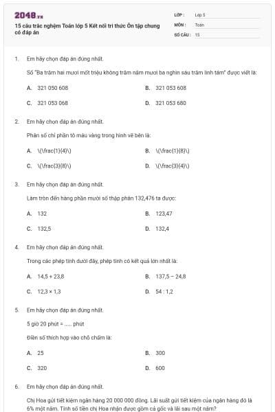 15 câu trắc nghệm Toán lớp 5 Kết nối tri thức Ôn tập chung có đáp án