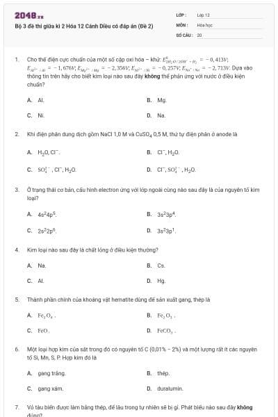 Bộ 3 đề thi giữa kì 2 Hóa 12 Cánh Diều có đáp án (Đề 2)