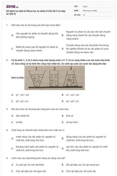 Đề kiểm tra định kì Khoa học tự nhiên 8 Chủ đề 5 có đáp án (Đề 8)