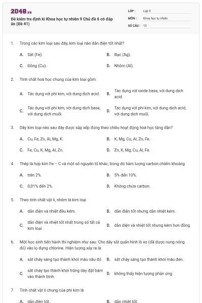 Đề kiểm tra định kì Khoa học tự nhiên 9 Chủ đề 6 có đáp án (Đề 41)