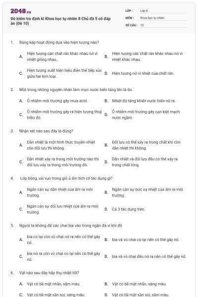 Đề kiểm tra định kì Khoa học tự nhiên 8 Chủ đề 5 có đáp án (Đề 10)