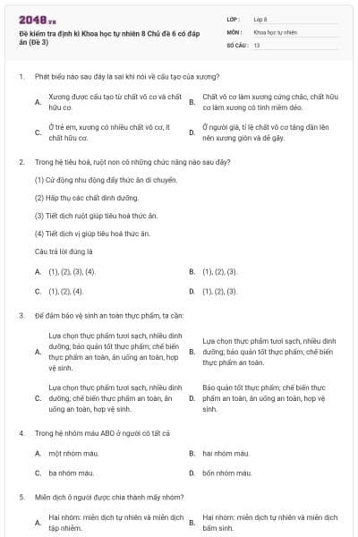 Đề kiểm tra định kì Khoa học tự nhiên 8 Chủ đề 6 có đáp án (Đề 3)