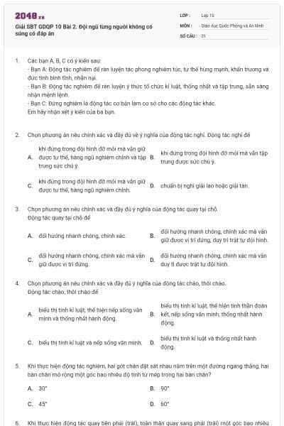 Giải SBT GDQP 10 Bài 2. Đội ngũ từng người không có súng có đáp án