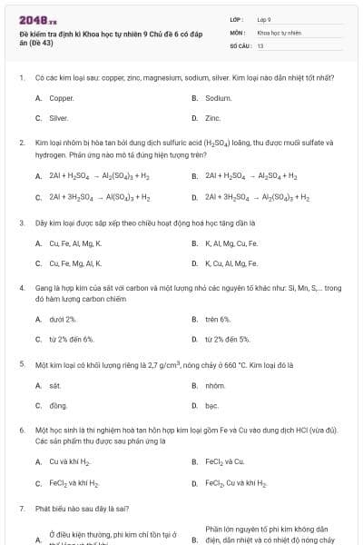 Đề kiểm tra định kì Khoa học tự nhiên 9 Chủ đề 6 có đáp án (Đề 43)