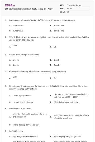 260 câu trắc nghiệm môn Luật đầu tư có đáp án - Phần 1