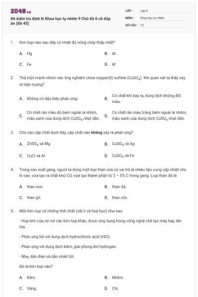 Đề kiểm tra định kì Khoa học tự nhiên 9 Chủ đề 6 có đáp án (Đề 45)