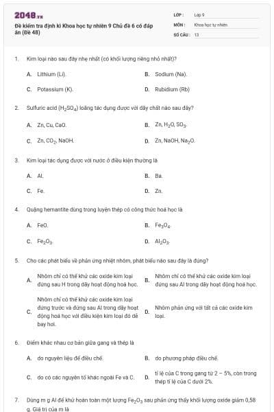 Đề kiểm tra định kì Khoa học tự nhiên 9 Chủ đề 6 có đáp án (Đề 48)