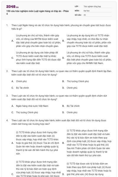 190 câu trắc nghiệm môn Luật ngân hàng có đáp án - Phần 4