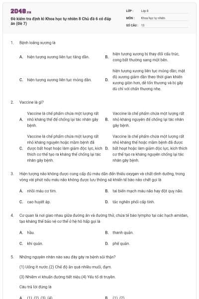 Đề kiểm tra định kì Khoa học tự nhiên 8 Chủ đề 6 có đáp án (Đề 7)