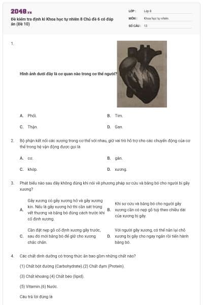 Đề kiểm tra định kì Khoa học tự nhiên 8 Chủ đề 6 có đáp án (Đề 10)