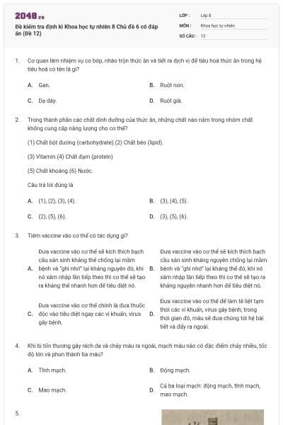 Đề kiểm tra định kì Khoa học tự nhiên 8 Chủ đề 6 có đáp án (Đề 12)