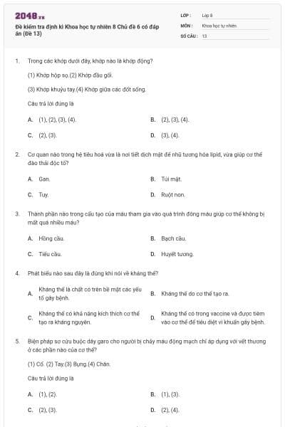 Đề kiểm tra định kì Khoa học tự nhiên 8 Chủ đề 6 có đáp án (Đề 13)