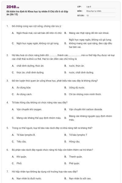 Đề kiểm tra định kì Khoa học tự nhiên 8 Chủ đề 6 có đáp án (Đề 15)