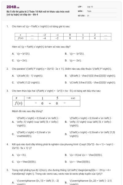 Bộ 5 đề thi giữa kì 2 Toán 10 Kết nối tri thức cấu trúc mới (có tự luận) có đáp án - Đề 4