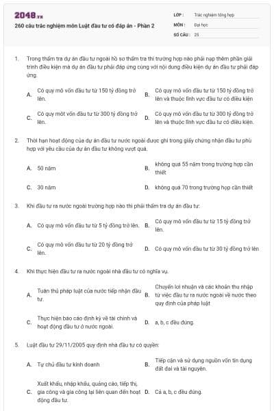 260 câu trắc nghiệm môn Luật đầu tư có đáp án - Phần 2
