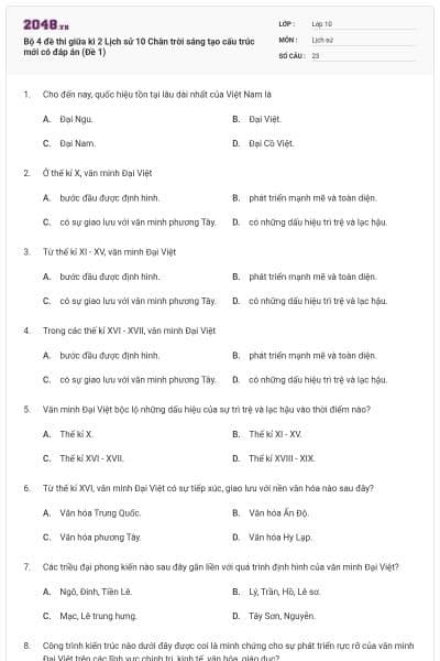 Bộ 4 đề thi giữa kì 2 Lịch sử 10 Chân trời sáng tạo cấu trúc mới có đáp án (Đề 1)