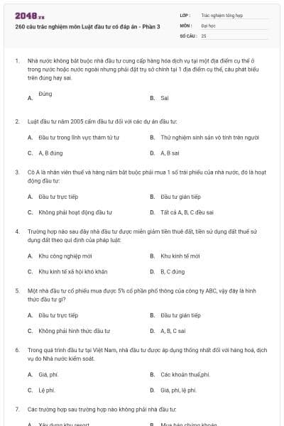 260 câu trắc nghiệm môn Luật đầu tư có đáp án - Phần 3