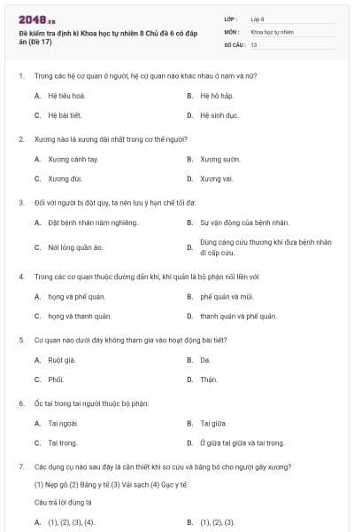 Đề kiểm tra định kì Khoa học tự nhiên 8 Chủ đề 6 có đáp án (Đề 17)