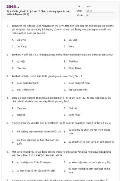 Bộ 4 đề thi giữa kì 2 Lịch sử 10 Chân trời sáng tạo cấu trúc mới có đáp án (Đề 4)