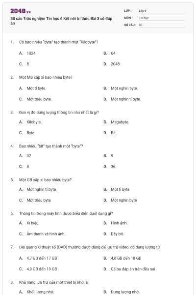 30 câu Trắc nghiệm Tin học 6 Kết nối tri thức Bài 3 có đáp án