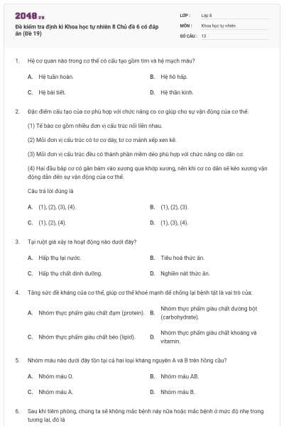 Đề kiểm tra định kì Khoa học tự nhiên 8 Chủ đề 6 có đáp án (Đề 19)