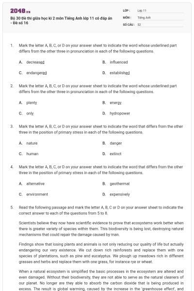Bộ 30 Đề thi giữa học kì 2 môn Tiếng Anh lớp 11 có đáp án - Đề số 16