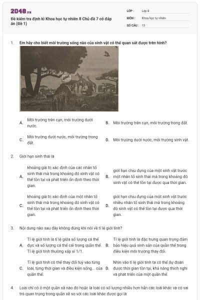 Đề kiểm tra định kì Khoa học tự nhiên 8 Chủ đề 7 có đáp án (Đề 1)