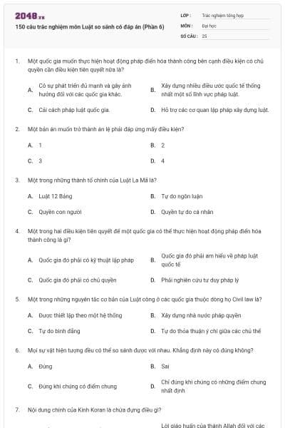 150 câu trắc nghiệm môn Luật so sánh có đáp án (Phần 6)