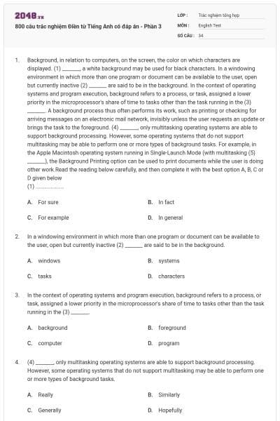 800 câu trắc nghiệm Điền từ Tiếng Anh có đáp án - Phần 3