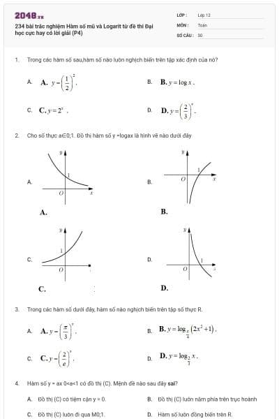 234 bài trắc nghiệm Hàm số mũ và Logarit từ đề thi Đại học cực hay có lời giải (P4)