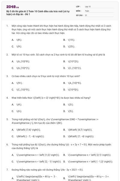 Bộ 5 đề thi giữa kì 2 Toán 10 Cánh diều cấu trúc mới (có tự luận) có đáp án - Đề 1