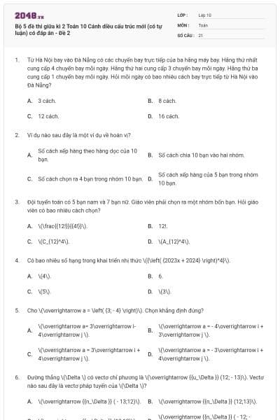 Bộ 5 đề thi giữa kì 2 Toán 10 Cánh diều cấu trúc mới (có tự luận) có đáp án - Đề 2