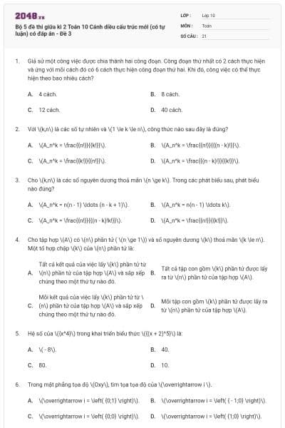 Bộ 5 đề thi giữa kì 2 Toán 10 Cánh diều cấu trúc mới (có tự luận) có đáp án - Đề 3