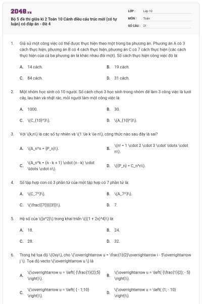 Bộ 5 đề thi giữa kì 2 Toán 10 Cánh diều cấu trúc mới (có tự luận) có đáp án - Đề 4