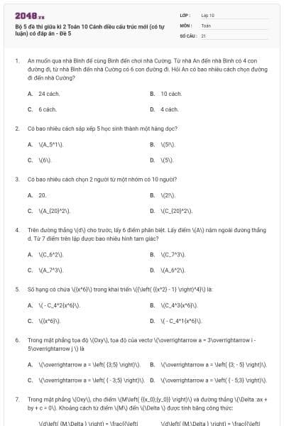 Bộ 5 đề thi giữa kì 2 Toán 10 Cánh diều cấu trúc mới (có tự luận) có đáp án - Đề 5