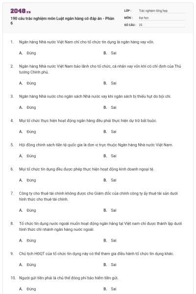 190 câu trắc nghiệm môn Luật ngân hàng có đáp án - Phần 6
