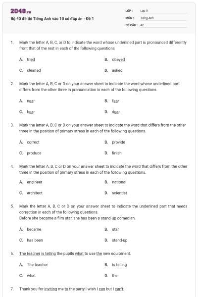 Bộ 40 đề thi Tiếng Anh vào 10 có đáp án - Đề 1